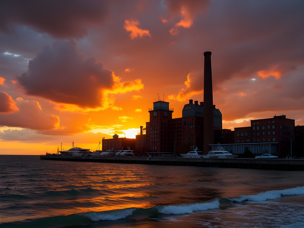 Waukegan Harbor at sunset with industrial structures silhouetted against orange and purple sky