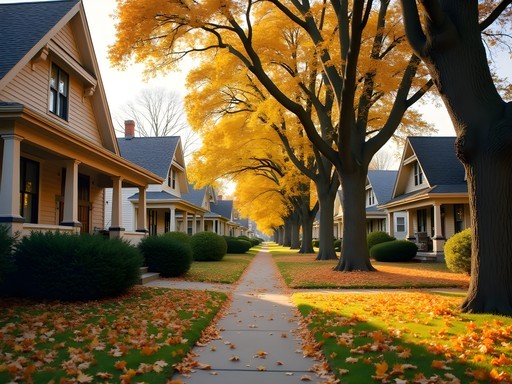 Tree-lined street with historic 1920s bungalows in Waukegan residential neighborhood in autumn