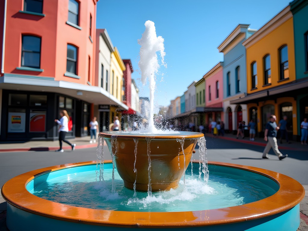 The colorful Bucket Fountain on Cuba Street with pedestrians and historic buildings