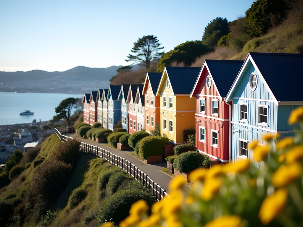 Colorful wooden houses on Wellington hillside with harbor view