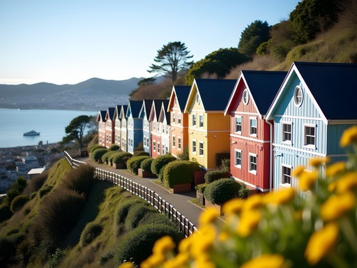 Colorful wooden houses on Wellington hillside with harbor view