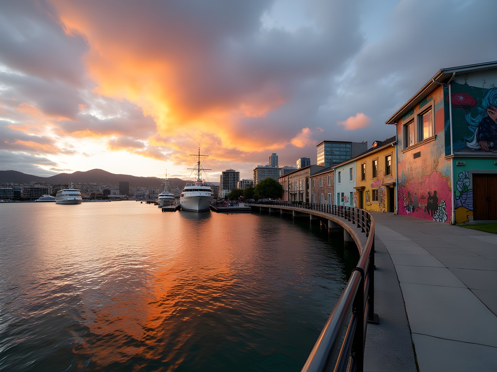 Street art along Wellington waterfront with harbor view at sunset