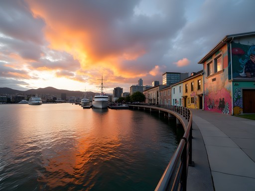 Street art along Wellington waterfront with harbor view at sunset