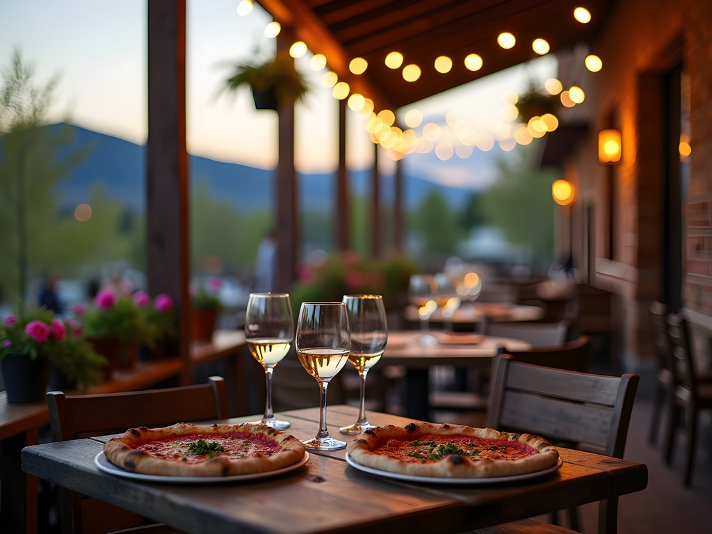 Cozy outdoor patio at Origins Wine Bar in Westminster with string lights and mountain views
