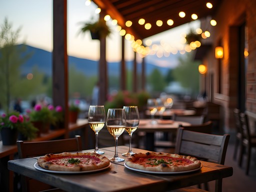 Cozy outdoor patio at Origins Wine Bar in Westminster with string lights and mountain views