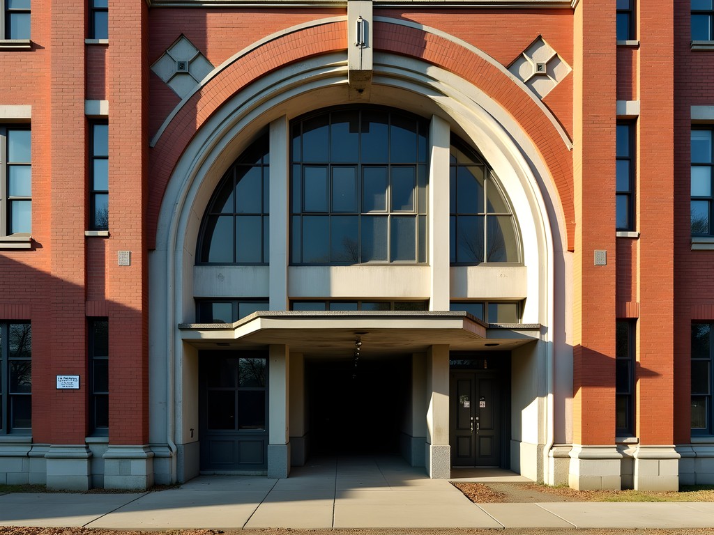 Art Deco industrial building facade with geometric patterns in Wheeling, West Virginia
