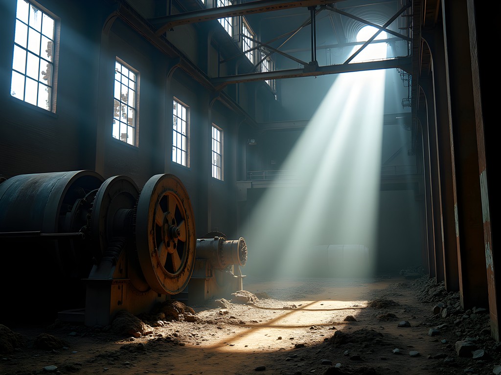 Dramatic light beams streaming through broken windows in abandoned Wheeling steel mill interior