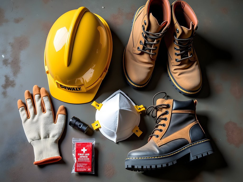 Urban exploration safety equipment including hard hat, respirator, and steel-toed boots