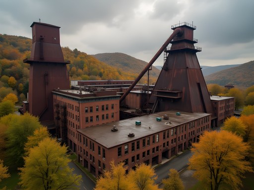 Abandoned Wheeling-Pittsburgh Steel Mill complex with fall foliage and rust-colored structures