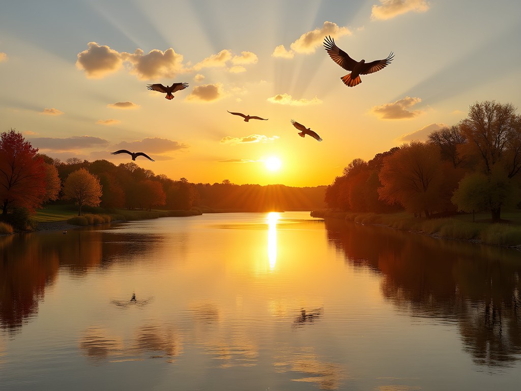Morning light illuminating the Arkansas River corridor in Wichita with birds in flight