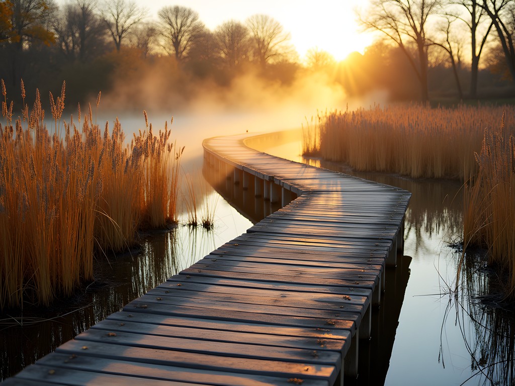 Wooden boardwalk through wetlands at Chisholm Creek Park in Wichita during fall