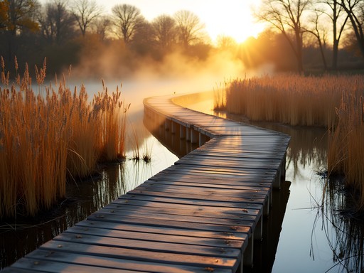 Wooden boardwalk through wetlands at Chisholm Creek Park in Wichita during fall