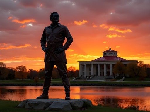 The Keeper of the Plains steel sculpture silhouetted against sunset sky with the Mid-America All-Indian Museum visible nearby