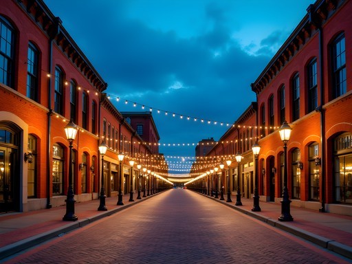 Historic brick buildings in Wichita's Old Town District illuminated at dusk with string lights