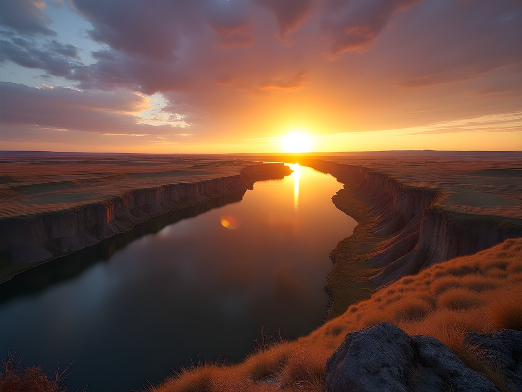 Sunset over the confluence of Missouri and Yellowstone Rivers with golden light reflecting on water
