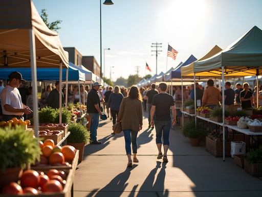 Vibrant Saturday farmers market in Williston with diverse local vendors and community members interacting