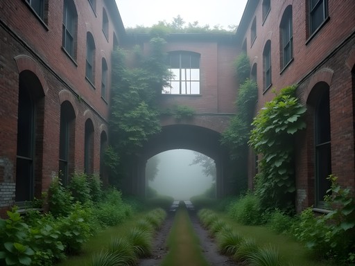 Abandoned industrial building with morning fog and nature reclaiming space in Woodbridge