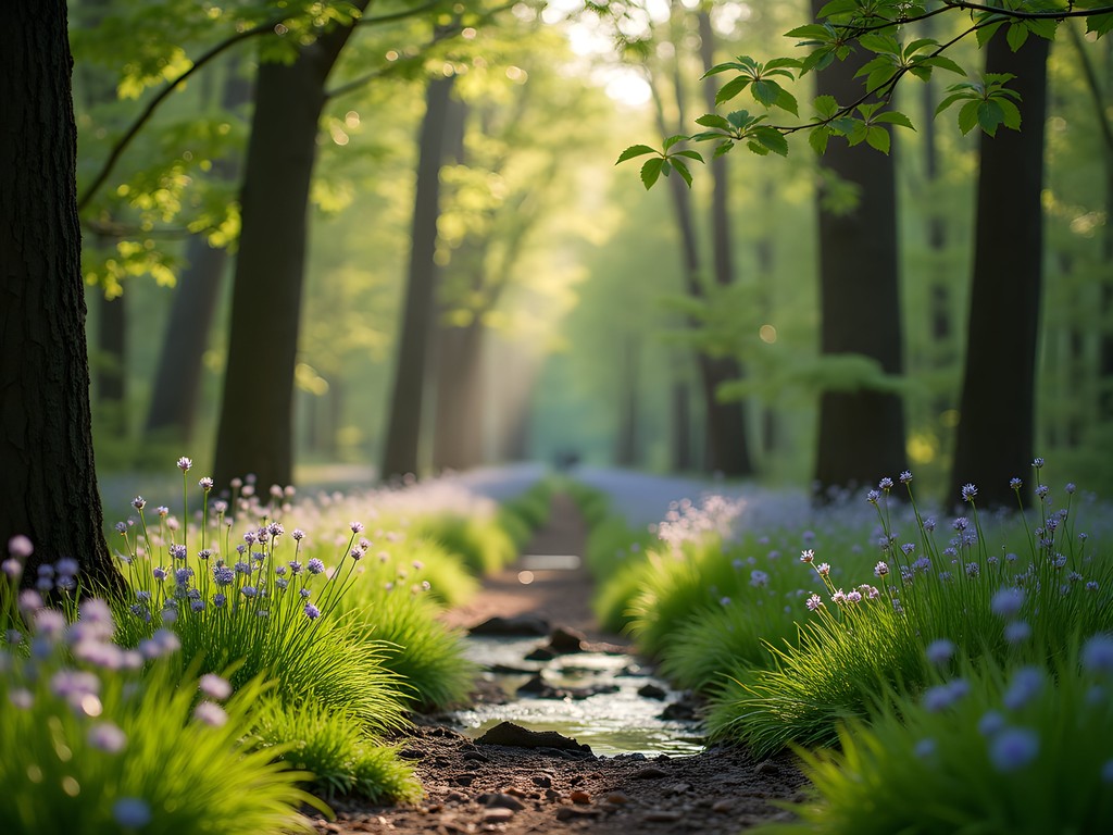Serene woodland trail with spring wildflowers in Heards Brook Preservation Area