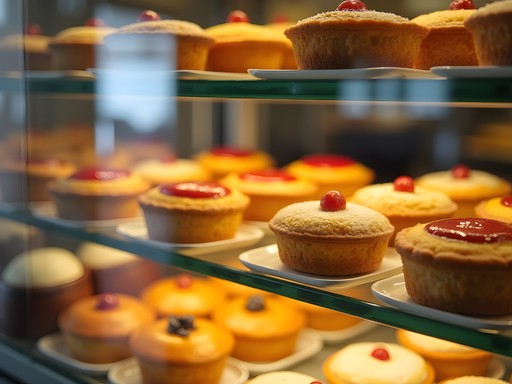 Traditional Portuguese pastries in display case at small family bakery in Woodbridge