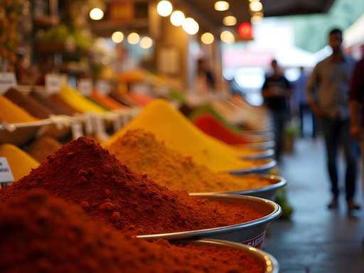 Colorful spice displays and food stalls at an Indian market on Oak Tree Road, Woodbridge