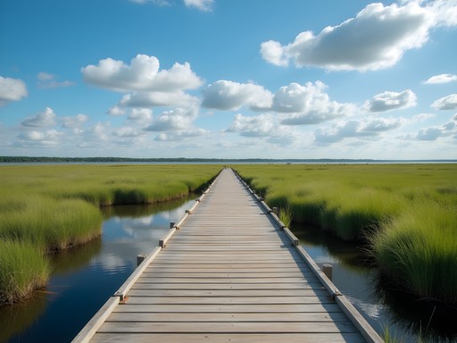 Elevated wooden boardwalk through restored wetlands at Woodbridge Waterfront Park