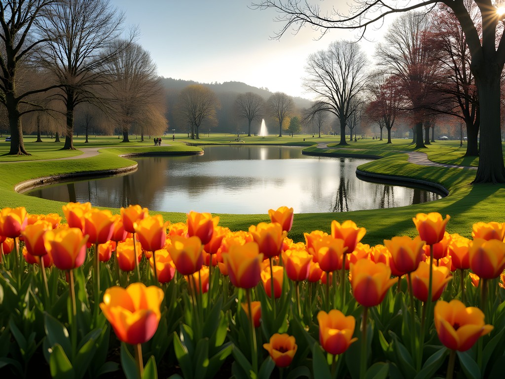 Spring tulips blooming in Worcester Elm Park with pond and Victorian landscape design