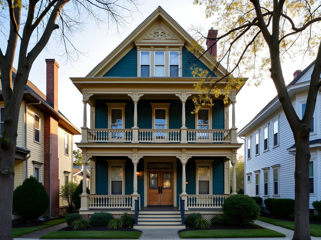 Traditional New England triple-decker house with ornate woodwork in Worcester Massachusetts