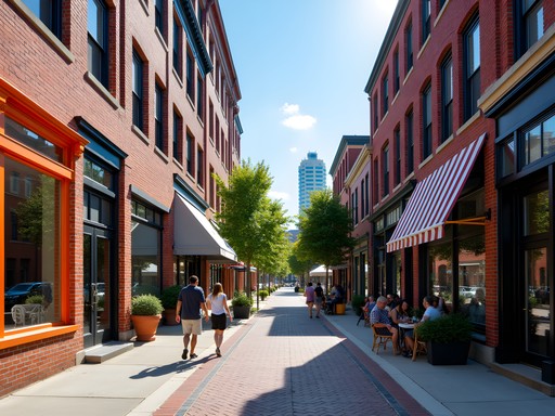 Vibrant street scene in Worcester's Canal District with historic brick buildings and pedestrians