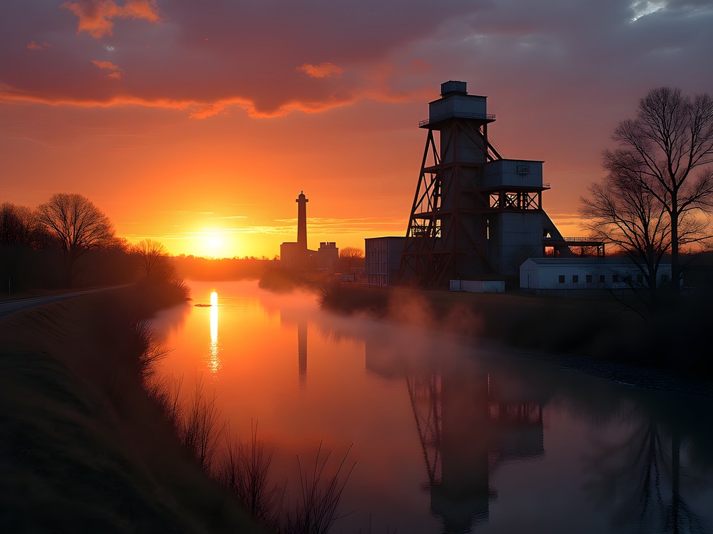 Abandoned steel mill structures in Youngstown silhouetted against colorful sunrise sky