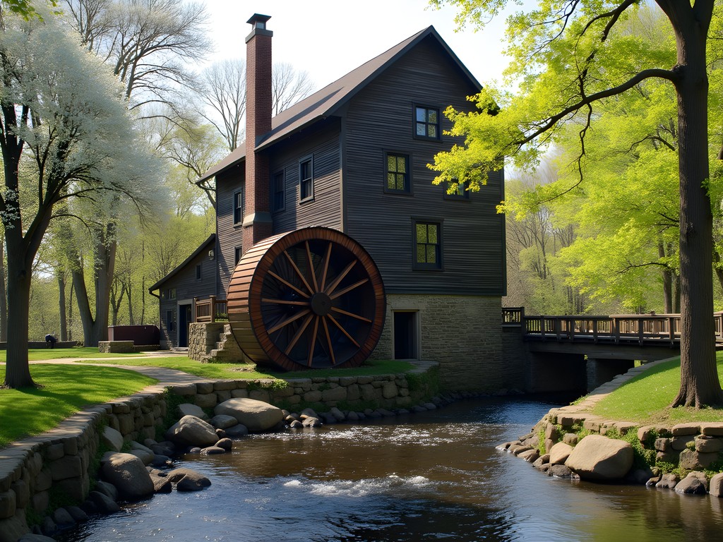 Historic Lanterman's Mill with waterwheel in Mill Creek Park during spring with flowering trees