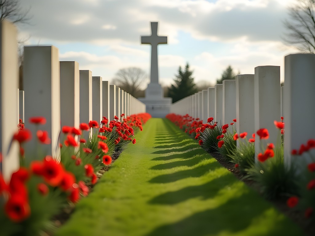 Tyne Cot Cemetery with spring poppies and white headstones