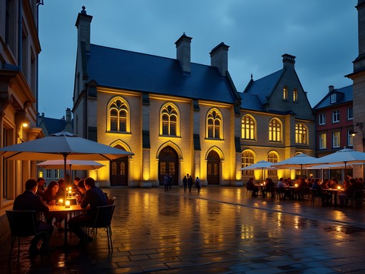 Illuminated Cloth Hall in Ypres Market Square at evening