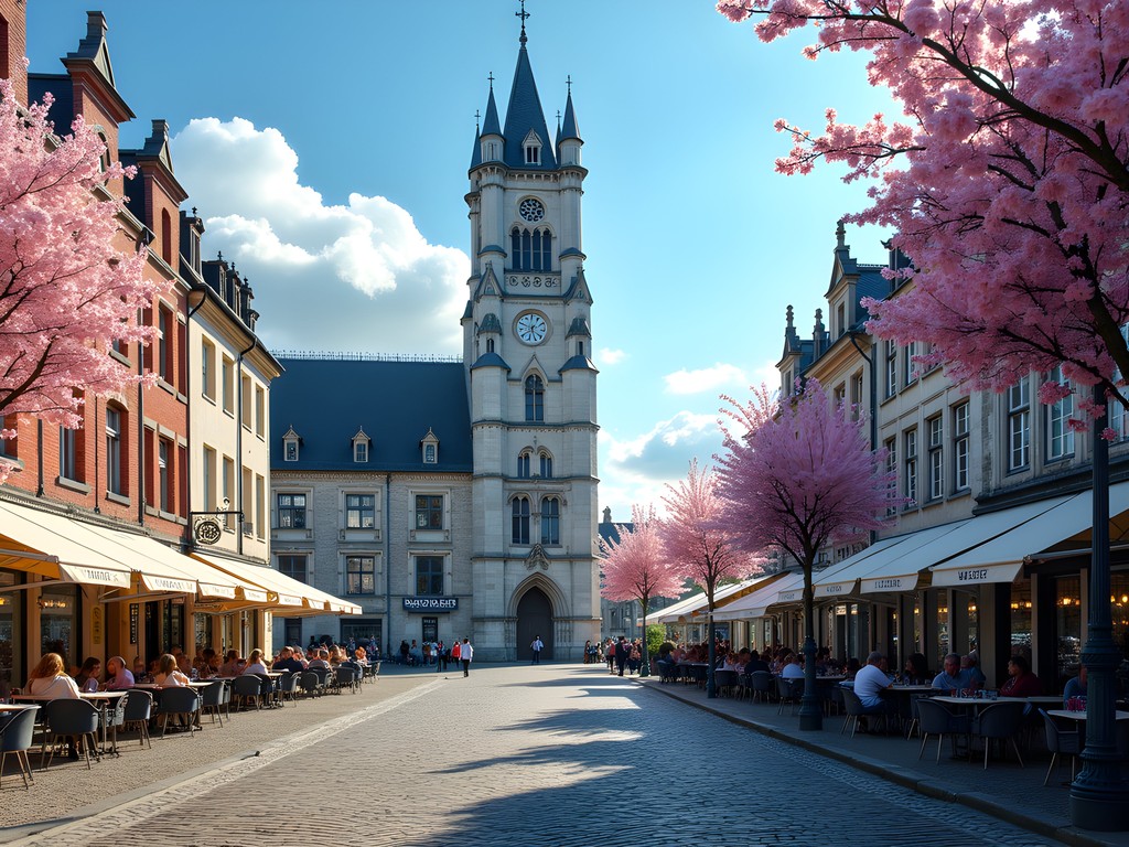 Ypres Market Square with medieval Cloth Hall in spring